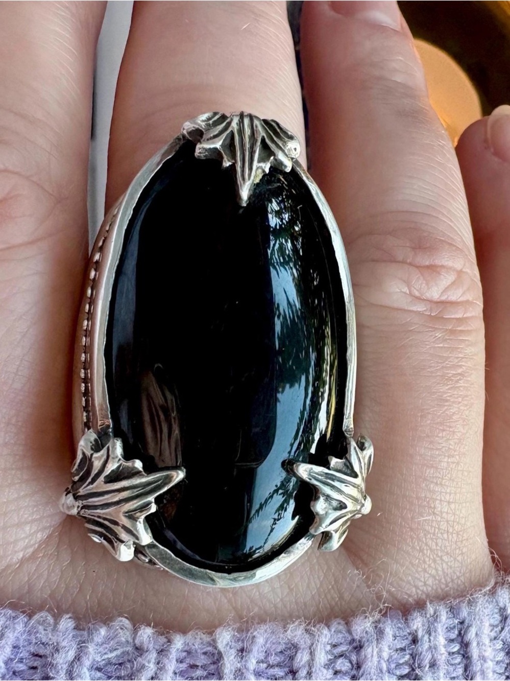 Elegant Black Onyx Statement Ring - Silver Leaf Setting